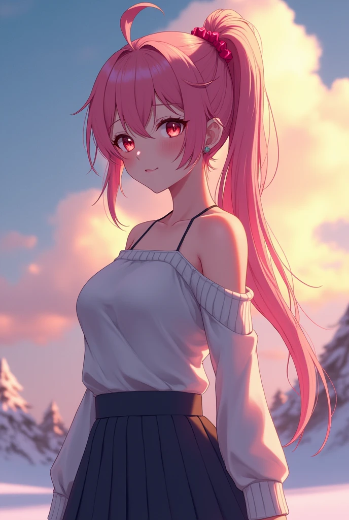 (best quality:1.1), (masterpiece:1.2), high quality shadow, beautiful detailed, (high detailed skin, skin details), (wide_landscape, 8k), beautiful face, detailed eyes, depth of field, dramatic light, best quality, highres, best shadow, best illumination, cowboy shot, facing viewer, 1girl, long hair, pink hair, ponytail, messy hair, large breasts, red eyes, scrunchie, hair ornament, earrings, tucked in, pleated skirt, sweater, sleeveless, bare shoulders, outdoors, glowing light, snow, ray tracing, dynamic lighting, beautiful detailed sky, beautiful detailed cloud,