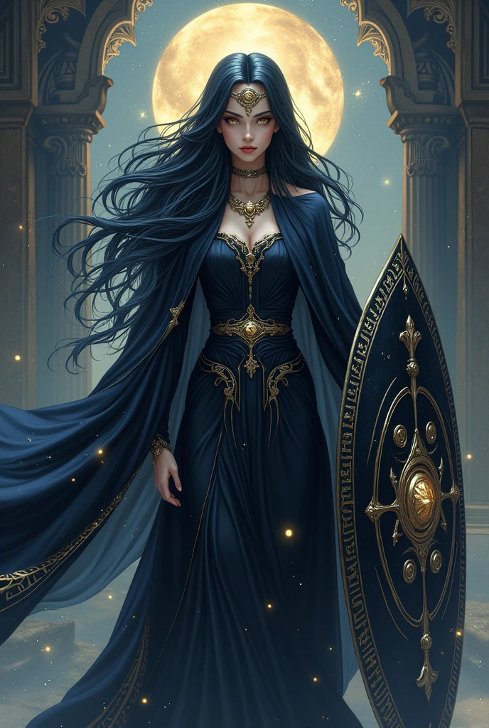 God, God der Nacht, tao, gold eyes, black hair, black colored clothes, chiseled face, Antiquity, armed with shield and shield, Anime Style