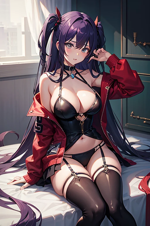 score_9, score_8_up, score_7_up, best quality, masterpiece, perfect lighting, 4k, uncensored, very aesthetic, source_anime, ((large breasts)),
BREAK
, seele \(honkai: star rail\), long hair, purple hair, ahoge
BREAK
, MLTaiRQ, black bikini, cleavage, highleg bikini, black choker, multi-strapped bikini bottom, one side up, thigh strap, race queen, black thighboots, sunglasses, bare shoulders, red jacket