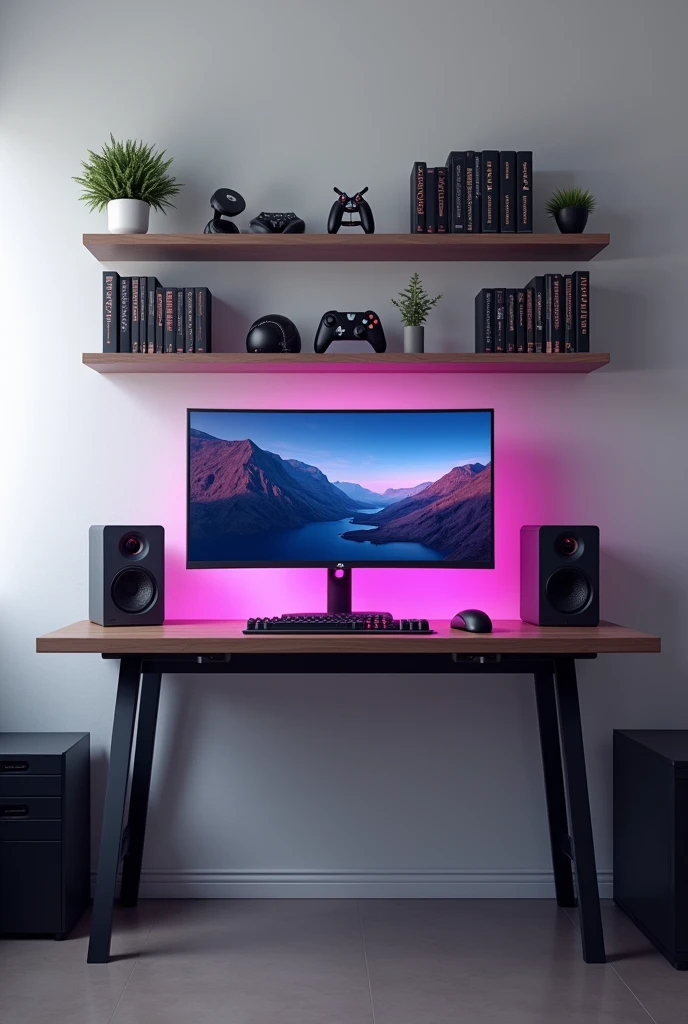 (A realistic 16.9) image of a gaming desk with a dull white wall and LEDs With a shelf full of books and gaming accessories