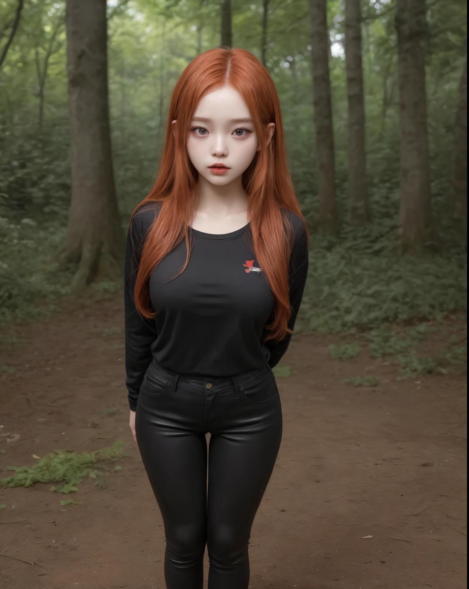 young girl, kim chaewon as a sexy young girl, full body view, fullbody, full body, kim chaewon is a girl, 1girl, forest background, kim chaewon, girl, small breast, figure, long red hair, red eyes, face front, tight black elf shirt, tight black pants, black clothes reveal nudity, emotional face, make up, masterpiece, best quality,