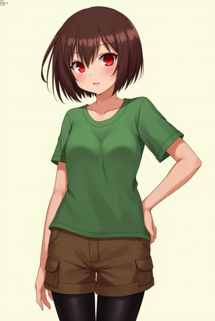 ((best quality)), ((masterpiece)), (detailed), Undertale Chara, brown hair, (brown shorts: 1.3), bob cut, short hair, black pantyhose, (green shirt: 1.3), red eyes, (1girl: 1.3), (solo: 1.3), stripes, tetas con una altura de 2 y 1.0 centimeters y un grosor de 1.0 centimeters ppussy porn sex cum ahegao rule34 nsfw