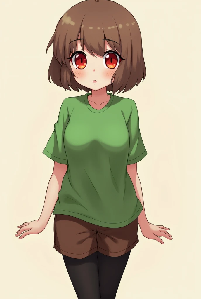 ((best quality)), ((masterpiece)), (detailed), Undertale Chara, brown hair, (brown shorts: 1.3), bob cut, short hair, black pantyhose, (green shirt: 1.3), red eyes, (1girl: 1.3), (solo: 1.3), stripes, tetas con una altura de 2 y 1.0 centimeters y un grosor de 1.0 centimeters ppussy porn sex cum ahegao rule34 nsfw