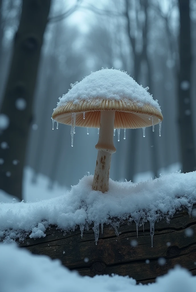 mushroom on fallen wood on the ground in a dark forest, frozen and full of snow
