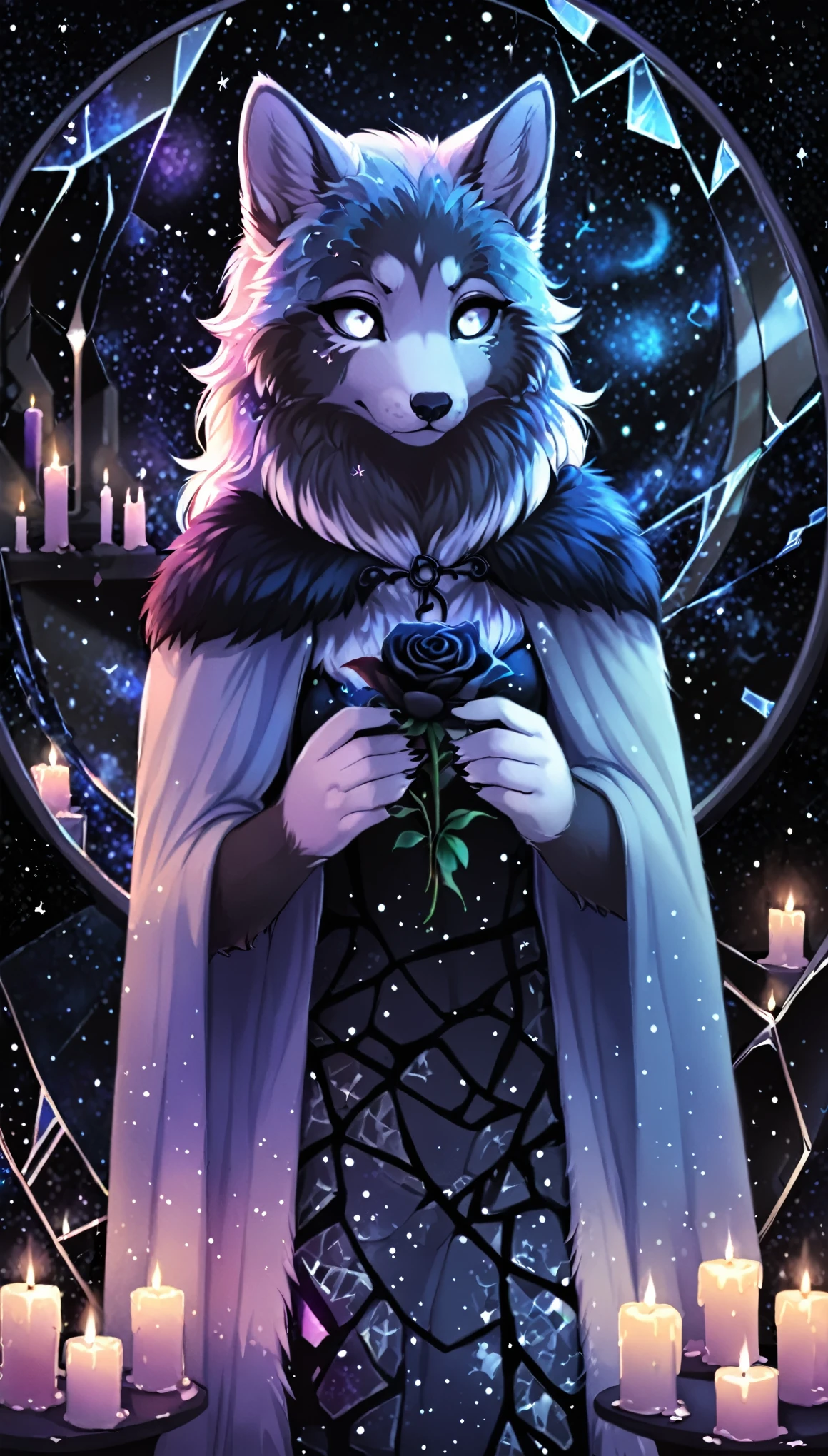 (by Darkmirage), best quality,
 high resolution, detailed body, hi res, absurd res, 1woman, furry, anthro, (SCP-1471, MalO, female, MalO body, Canine scull), (clothed, dressed, wear spackled dress, Coat:1.2), (long Royal fur Mantle:1.5), athletic, black straight hair, long haircut, black fur, detailed fur, cute hands, detailed hands, (broken mirror, darkness and space, background of the cosmos of night and stars), detailed light, night color pallet, night pastel soft light, candles, holding black rose, mammal, three-quarter portrait
standing