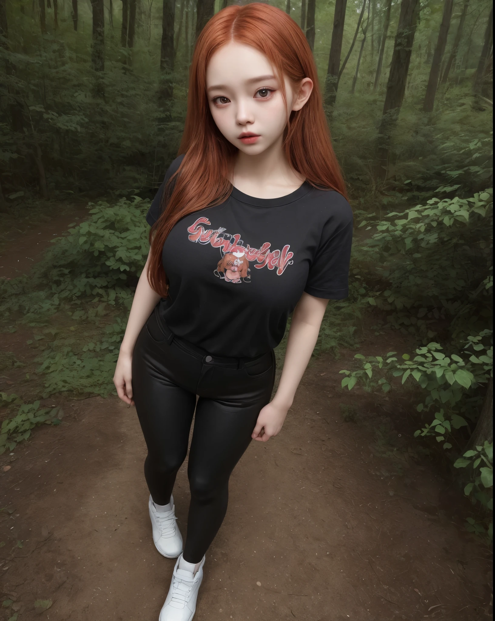 young girl, kim chaewon as a sexy young girl, full body view, fullbody, full body, kim chaewon is a girl, 1girl, forest background, kim chaewon, girl, small breast, figure, long red hair, red eyes, face front, tight black elf shirt, tight black pants, black clothes reveal nudity, emotional face, make up, masterpiece, best quality,