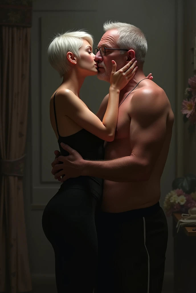 A sexy girl with short white hair and a curvy body wearing leggings kissing a fat old man