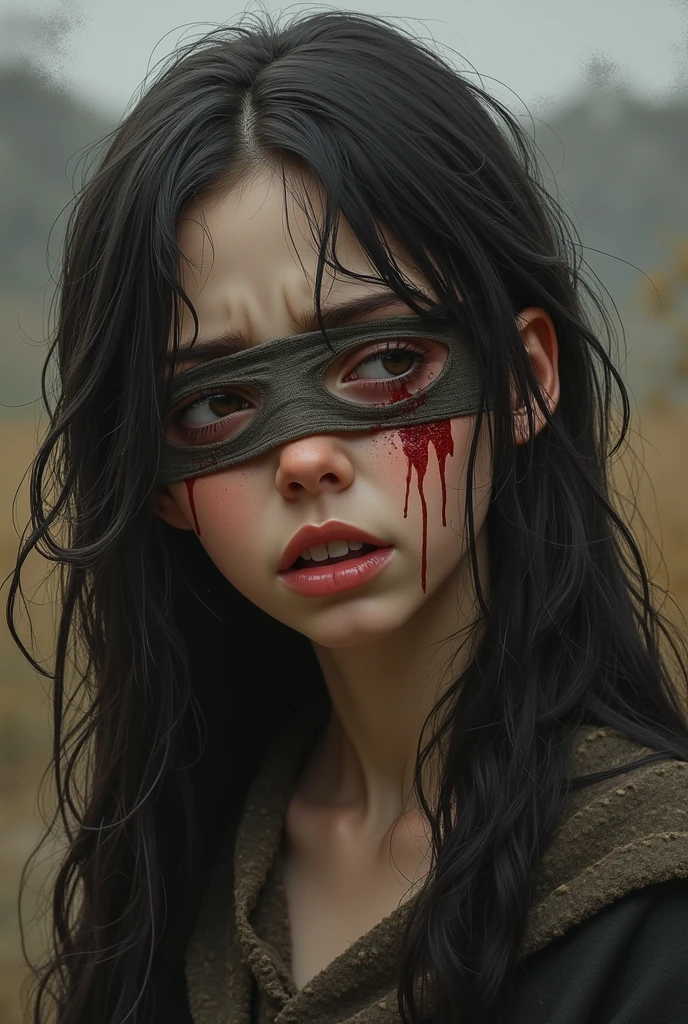 Girl with a bloody bandage on her eye. she is crying, tears. Middle Ages