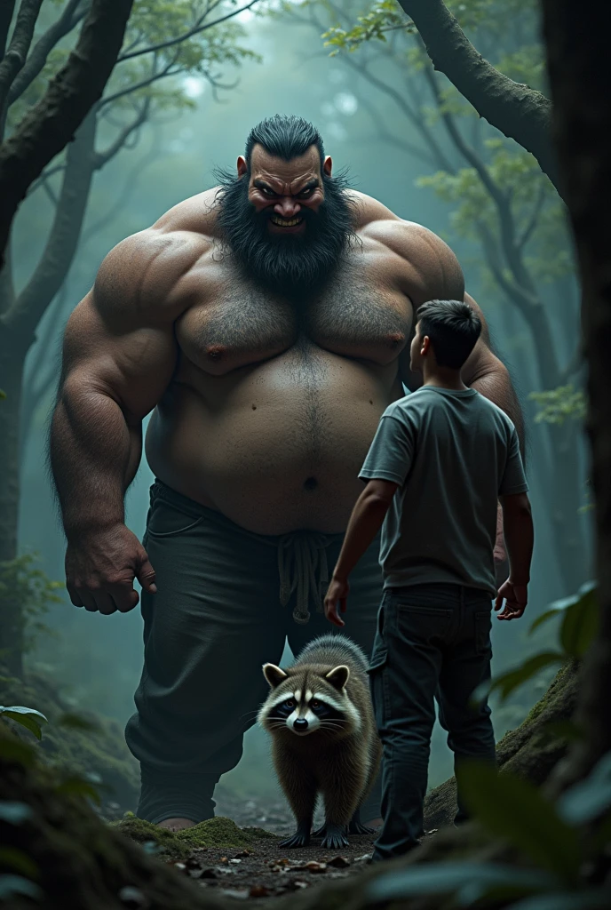 1boy, 1man, solo, (furry raccoon), (black suit, red tie), scary face, well-muscled old man, bearded, dark forest. ((chubby, fat belly, huge belly, massive belly, extremely huge muscular, massive muscular, extremely muscle size, super thick arms, huge pec, hyper pec, bigger chest, extremely wide pectoral , huge arms)), wide smiling. Add textures and details to make the image more realistic, such as the appearance of the. Make sure the resulting image is high resolution, 8K quality