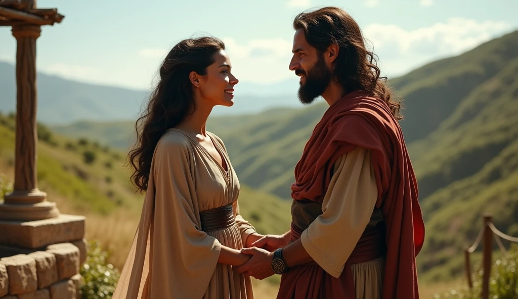 (best quality: 1.4), (Ultra Highres: 1.2), (photorealistic: 1.4), (8k, RAW photo: 1.2). The description of the Samaritan woman's physical appearance is not detailed in the biblical narrative, but her Samaritan origin suggests that she probably had similar characteristics to other people in the region, the story of the Samaritan woman, she is marrying a rustic-looking man, they are happy