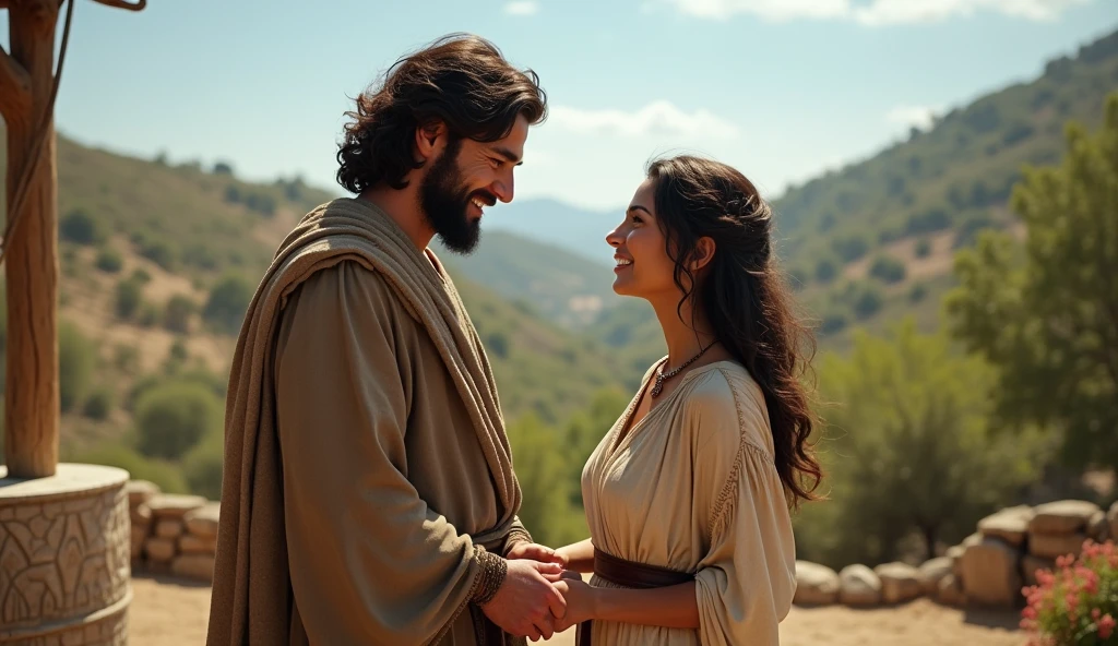 (best quality: 1.4), (Ultra Highres: 1.2), (photorealistic: 1.4), (8k, RAW photo: 1.2). The description of the Samaritan woman's physical appearance is not detailed in the biblical narrative, but her Samaritan origin suggests that she probably had similar characteristics to other people in the region, the story of the Samaritan woman, she is marrying a rustic-looking man, they are happy