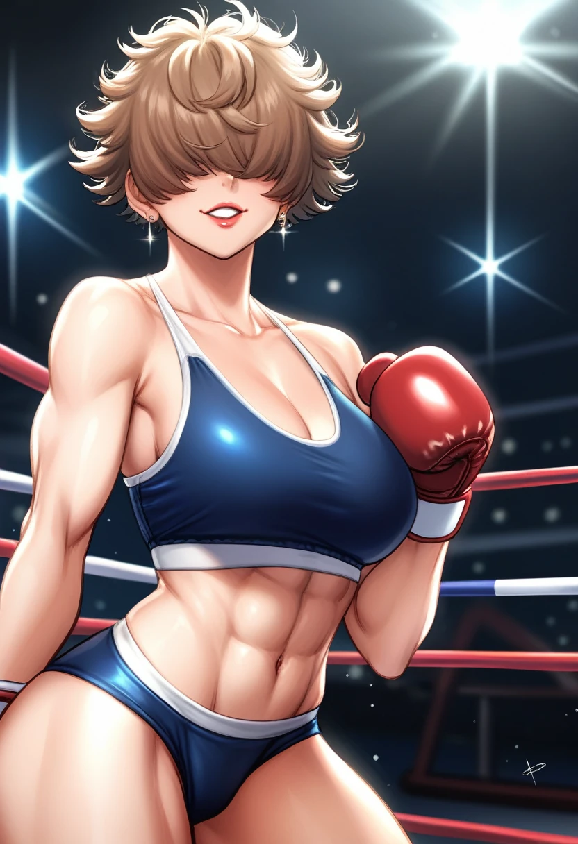 By bebebebebe ,High quality,Female ,((,hair covering eyes,fluffy hair,short hair,Confident smile,(breasts),solo,lights brown hair,toned, ,EarrIngs,5 Fingers,muscular body,Lipstick on the lips ,short,gray gym bra,boxing gym,Tennis