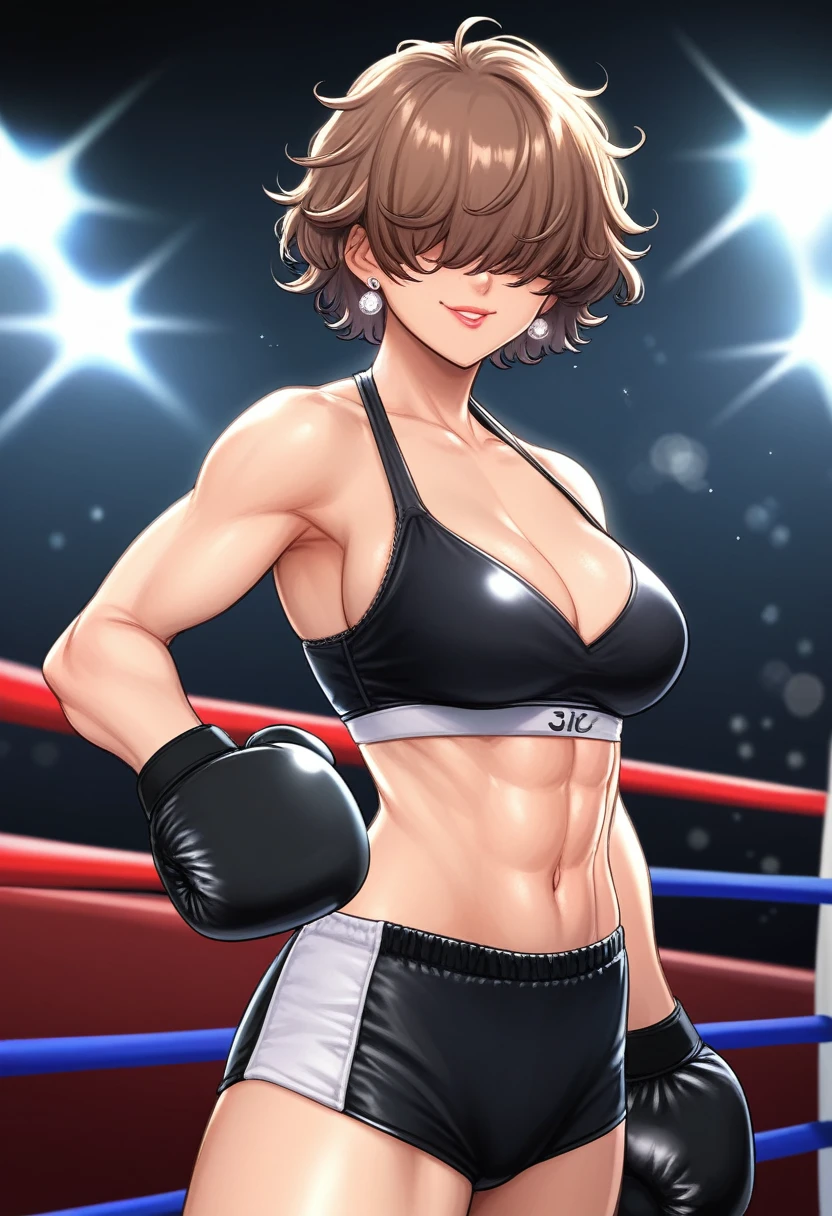 curvy midsection, solo, 1 girl, female wrestler, ultra toned arms, smile, ), (detailed titration screen, upper body only, anime style: 1.8, anime drawing, ultra detailed face, ultra detailed body, 4k, Sumergai Lee Noriega, (standing), best quality, anime style, hires, highest definition, digital blending, bold drawing lines, ((wwe diva), (location: wrestling arena, crowds watching), ( pro female wrestler, slim body, (little biceps), , off-shoulders, closed fists, (very curvy: 2.8)), ((topless, nipples , shorts, white gloves, collar, arm band, (champion belt))), (pale skin, big breasts, widely open mouth, teeth), (big eyes, brown eyes, shiny eyes), (), (brown hair, loose hair, curly hair, wavy hair, long hair, missy hair), 27 years old, (crossed arms)