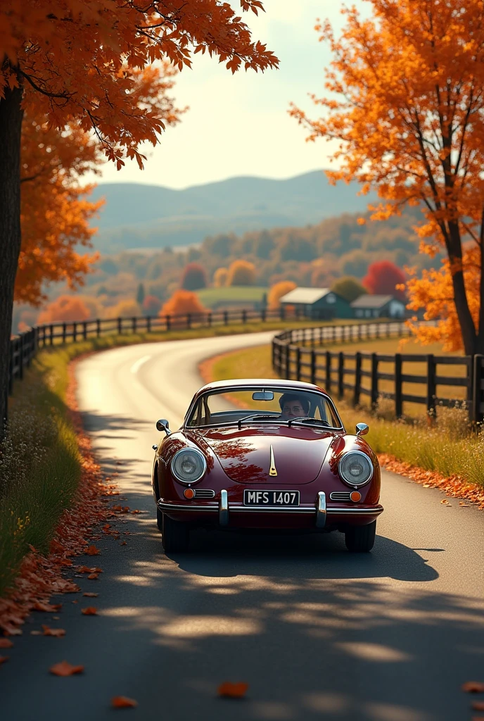 Create a picture of a vintage Porsche driving on a country road in autumn and has the license plate MK FS 1407