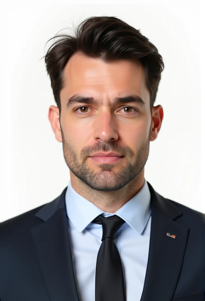 Create a realistic passport-style photo of a man in his 30s, with dark brown hair, a normal build, and light stubble. The man should be wearing a formal suit with a tie, and the background should be plain white, adhering to passport photo requirements. His hair should be very short, with a close-cropped style all around—short on top and even shorter on the sides. He should have a neutral expression, without smiling. The image should resemble a real photograph taken in a professional studio.
