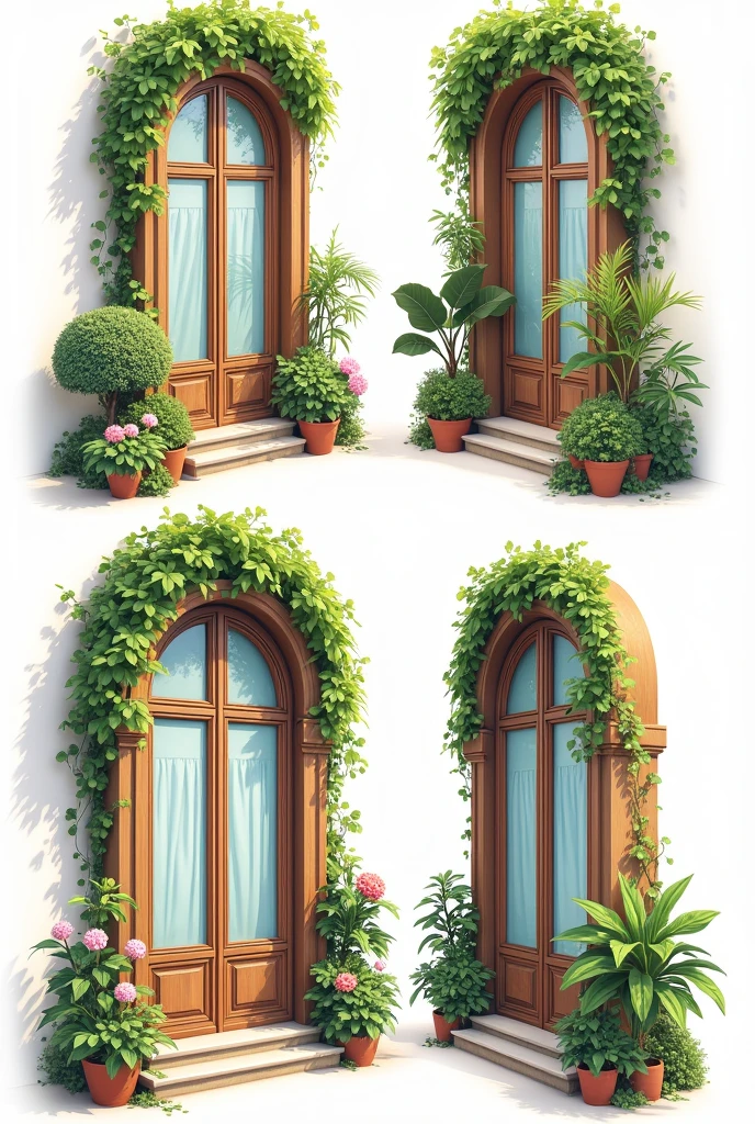A basic animated drawing image of a French window that is an elegant wooden type, specifying Plant Front Elevation Lateral Elevation Rear Elevation Isometric