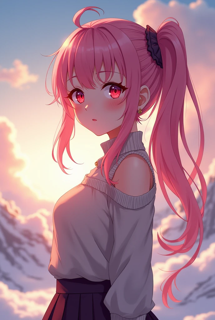 (best quality:1.1), (masterpiece:1.2), high quality shadow, beautiful detailed, (high detailed skin, skin details), (wide_landscape, 8k), beautiful face, detailed eyes, depth of field, dramatic light, best quality, highres, best shadow, best illumination, cowboy shot, facing viewer, 1girl, long hair, pink hair, ponytail, messy hair, large breasts, red eyes, scrunchie, hair ornament, earrings, tucked in, pleated skirt, sweater, sleeveless, bare shoulders, outdoors, glowing light, snow, ray tracing, dynamic lighting, beautiful detailed sky, beautiful detailed cloud,