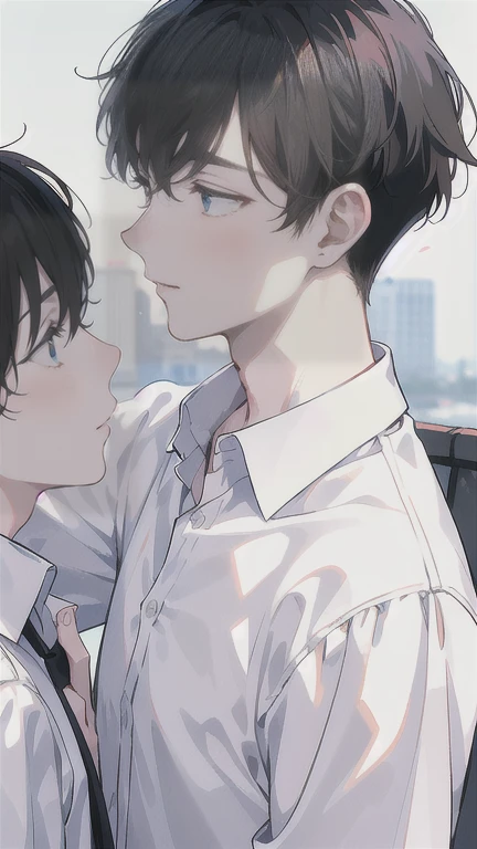 (Masterpiece), (Best Quality), Very detailed, (( a couple guy:1.3)), Perfect Face, Beautiful Face, Very detail, (short Black-haired man 1.3), (short White-haired man with 1.3)、white shirt, they love each other, facing away from the camera, kisses