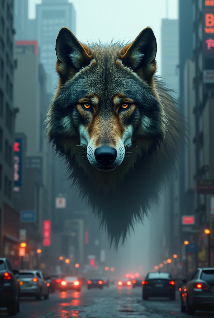 Lonely wolf head only with city background