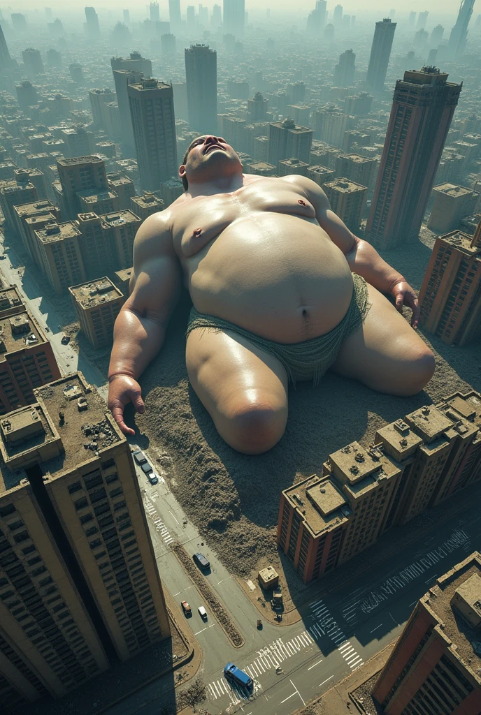 A giant as big as a mountain Lying down on the street and destroying it person looking up from below々 Huge belly Huge breasts naked aerial photograph