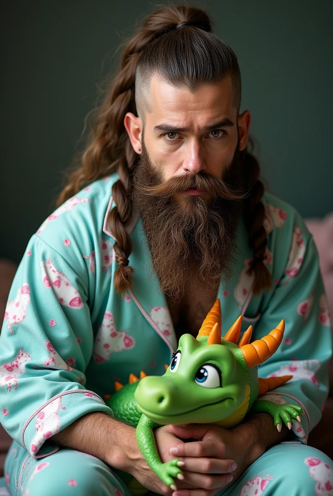cute man style viking style bearded samurai style hair shaved on the sides he next to him a cute green dragon the man he has a beard far away viking style he is wearing unicorn pajamas 