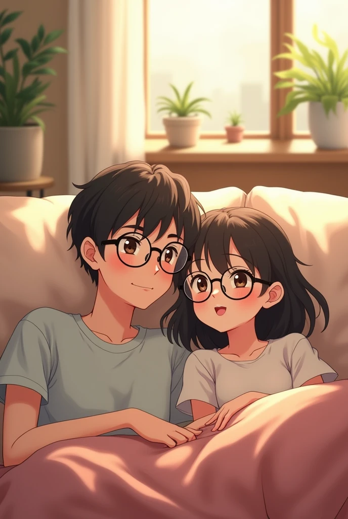 I want an anime couple with a man with thick eyebrows wearing round glasses and a girl with bangs also wearing round glasses.both lying on the couch and happy