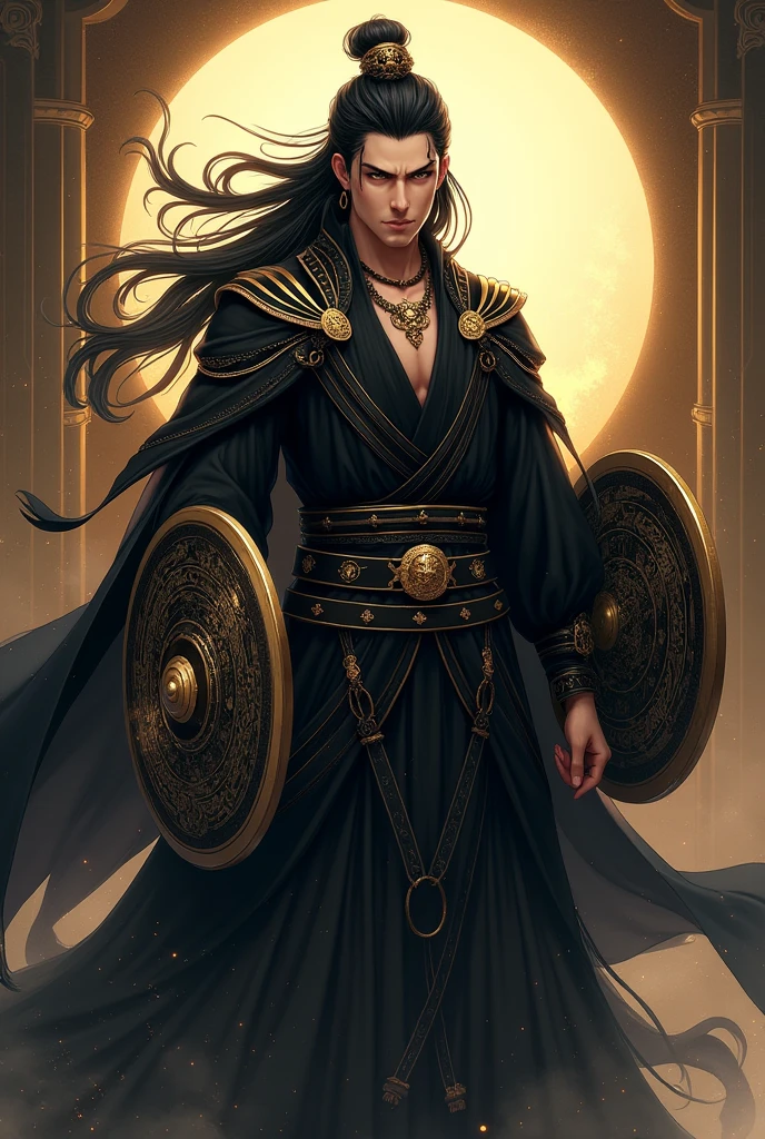 God, God der Nacht, tao, masculine, gold eyes, black hair, black colored clothes, chiseled face, Antiquity, armed with shield and shield, Anime Style