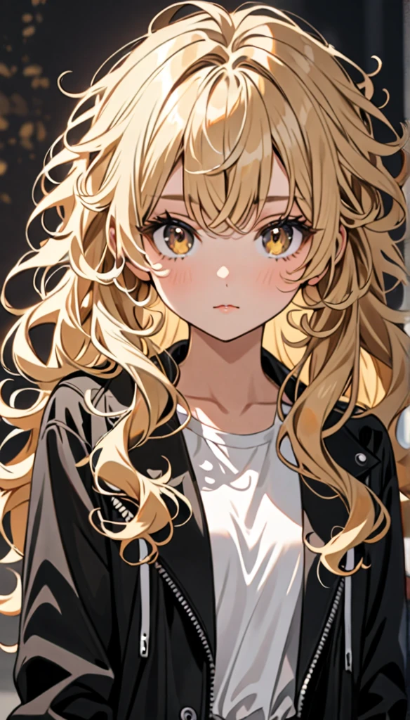 Beautiful and blond, messy styled hair, long hair, little curly hair, white top, black jacket, looking at the viewer
