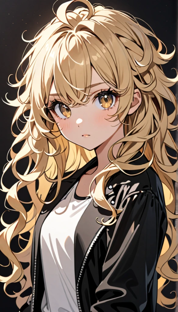 Beautiful and blond, messy styled hair, long hair, little curly hair, white top, black jacket, looking at the viewer 