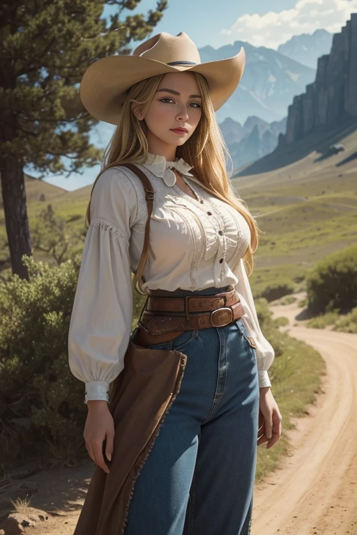 beautiful young woman in the late 1800s, (Female Cowgirl:1)portraitures:1.5)Wind-swept wilderness landscape(((masterpiece)))、((top-quality))、blue eyes、Western Clothing、Brown pants、8K ultra-detailed、realistic、landscapes、concept-art、exceptionally detailed RAW color photo、Side angle、(lensflare:0.7)、particle effect、Ray latching、Cinema Trick Writing、Shallow depth of field、Shot with Sony Alpha 1、50mm wide angle lens, Cinematic Film Still、 dynamic poses、、(realistic:1.3)、blonde hair、western woman, Old West aesthetic、large full breasts、超A high resolution、Brown Western Hat, Western Belt