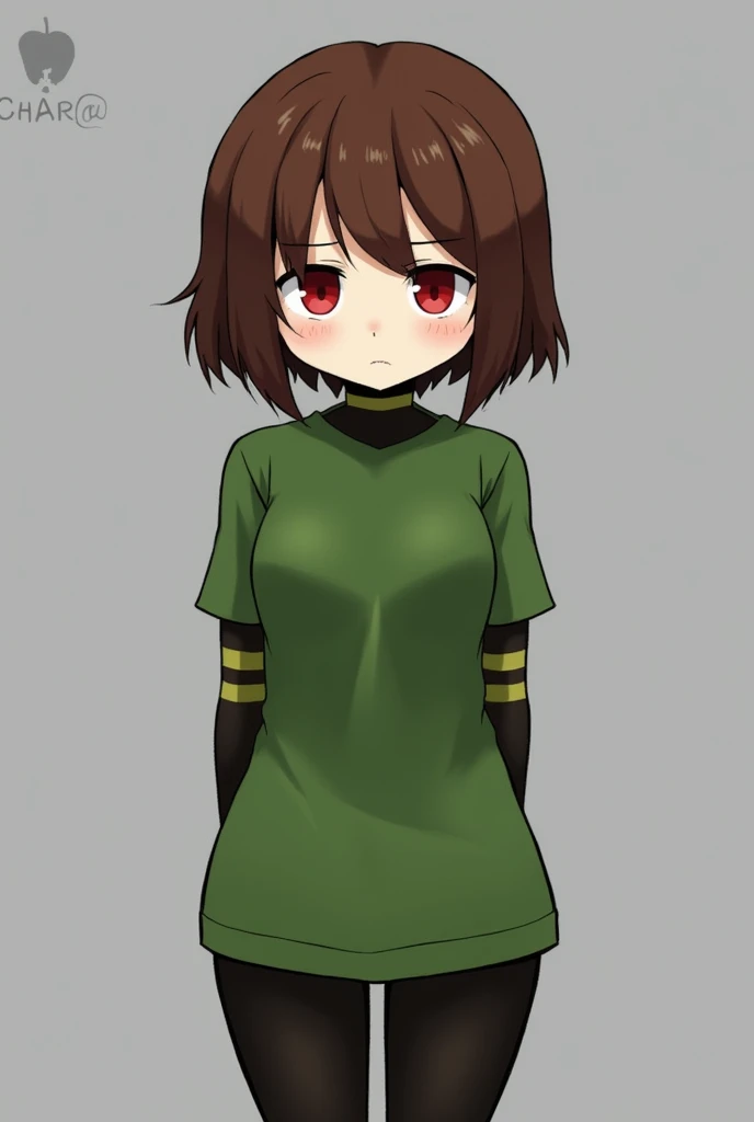 ((best quality)), ((masterpiece)), (detailed), Undertale Chara, brown hair, , bob cut, short hair, black pantyhose, (green shirt: 1.3), red eyes, (1girl: 1.3), (solo: 1.3), stripes, tetas con una altura de 2 y 1.0 centimeters y un grosor de 1.0 centimeters ppussy porn sex cum ahegao rule34 nsfw