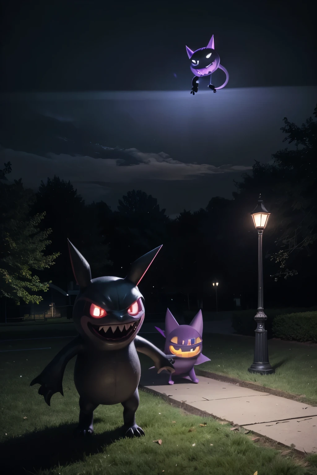 (masterpiece),(best quality),(ultra-detailed),(best illustration),(best shadow),(absurdres), seesaw in a haunting park at night with gastly, haunter and gengar pokemons playing on it, pokemon (creature), laughter, 
pranks, smile