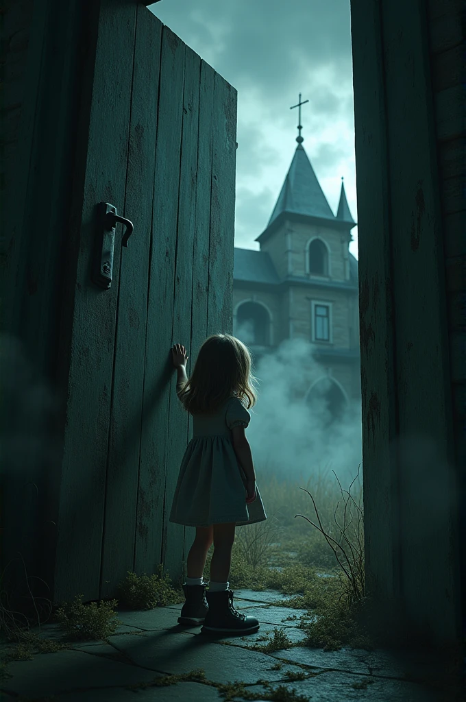 Create a thumbnail for youtube spooky video about a girl named Clara's curiosity about the haunted house locked door