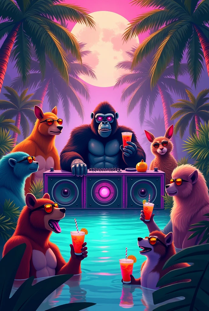 A zoomed out jungle setting with palm trees and a lagoon in the middle, with an ongoing party of varied animals that have drinks on their hands and sunglasses. Put a Gorilla in the middle as the disc jockey with a big sound system. Art deco style with some neon