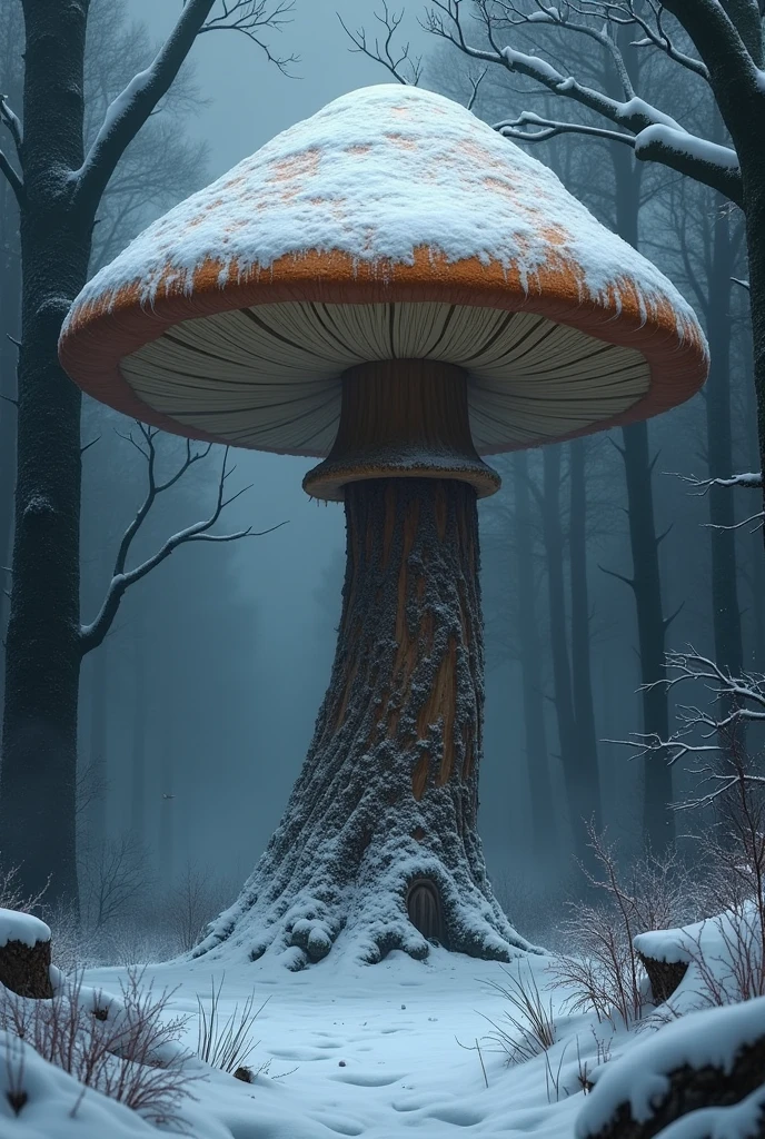 big mushroom on a tree in a dark forest, frozen and full of snow
