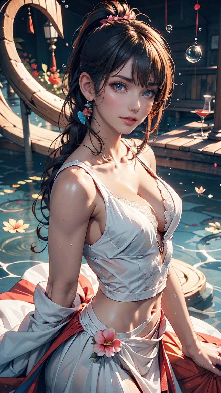 Hawaiian Wakiki Beach, Sleeveless dress, ((highest quality, 8k, masterpiece: 1.3))), Clear focus: 1.2, (Layered Cut, big: 1.2), Perfect body beauty: 1.4, Slim Abs: 1.2, Wet body: 1.5, Highly detailed face and skin texture, double eyelid, Messy hairstyle, Plain makeup,Sexy proportions、Narrow waist、smile