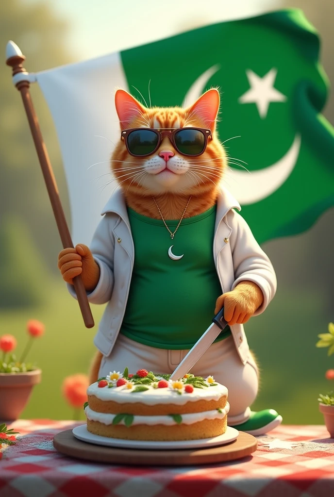 A cat is cutting a cake with a knife with a natural background in Pakistan They are holding a flag in celebration of August 14 of Pakistan. The cat is wearing a green t-shirt, a white jacket, white pants, green shoes and sunglasses HD Picture