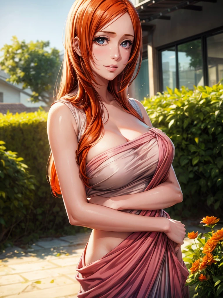 masterpiece, absurdres, orihime, 1girl, solo, smiling, mature female, wearing indian saree, saree,  looking at viewelling petals), perfect composition, detailed lips, big breast, beautiful face, body proportion, blush, (pink lips), orange hair, opened hair, blue-eyed, soft gaze, super realistic, detailed, photoshoot, realistic face and body, full body picture, 16k, at a flower garden