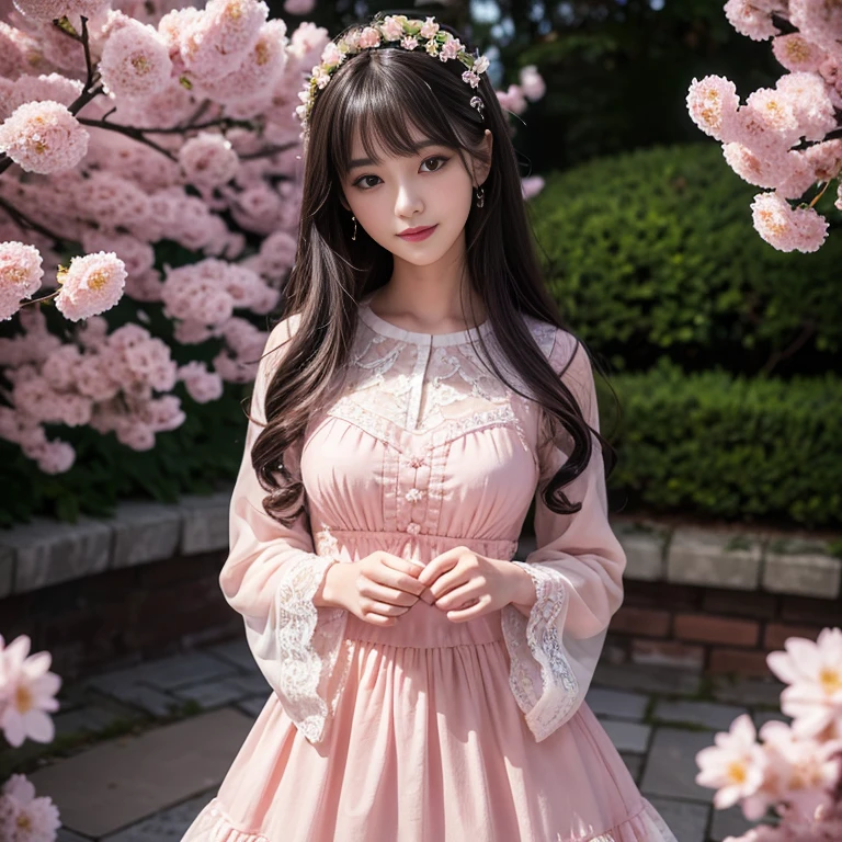 best quality, Delicate face,beautiful visual work, lifelike, eternity, black hair, Long curly hair, blunt bangs, Smile, Detailed Background, Delicate face,blush,cold,((masterpiece))、(top quality)、8k、high detail、Super detailed,31-year-old female, masterpiece、born、Scenes resembling fairy tale illustrations、intricate details和複雜的設計、Beautifully、magic、capricious、 Beautifully、Dream aesthetics、「𝓡𝓸𝓶𝓪𝓷𝓽𝓲𝓬、ethereal、charming、fickle、magic」、realism、Visual effects、FXAA、SSAO、Shader、voiceless、ambient lighting、Tone mapping、High resolution、Ultra high quality、Million pixels、(8K resolution:1.10)、8k、8k以下、8K resolution、high detail、intricate details, (high quality:1.2、masterpiece:1.2、:1.21)、(21 years old female:1.21)、(興奮地Smile)、(Surrounded by a dreamy atmosphere、Model diagram,full-body shot,Normal 2 feet,Put your hands behind you,The protrusion of the breast is visible when wearing clothes, Cherry blossoms:1.3, Wear a LOLITA dress, layered dress, Pink lolita skirt, lots of lace, Long sleeve, Wide sleeves, Big skirt