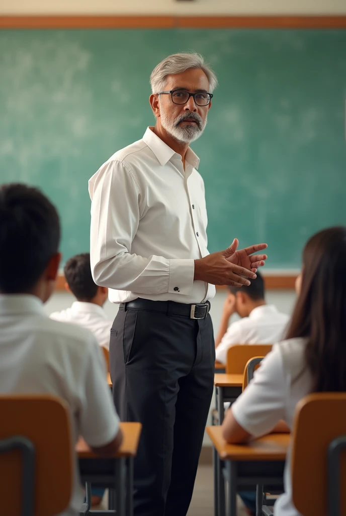 A male Indian school teacher teaching practical seating wear black pants similar teacher in side angle poses