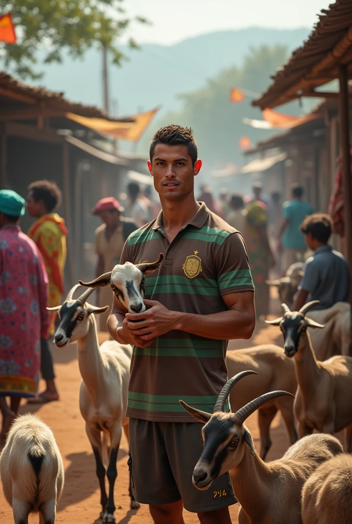 A bustling marketplace filled with livestock. Cristiano Ronaldo, wearing a brown and green striped polo shirt, stands amidst a group of goats, holding one by the neck. The scene is lively, with people in the background going about their activities, some wearing colorful attire. The setting is rustic, with makeshift stalls and a variety of animals around. The overall atmosphere is vibrant and energetic.