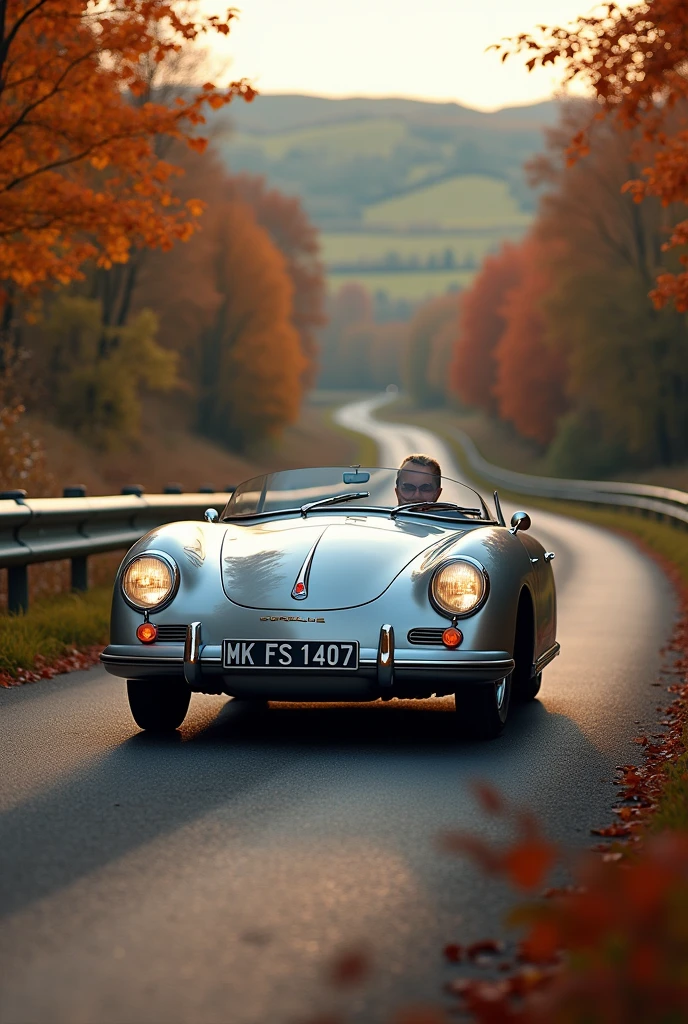 Create a picture of a vintage Porsche driving on a country road in autumn and has the license plate MK FS 1407 without a person in the car and make the background look like a German road with a guard rail 