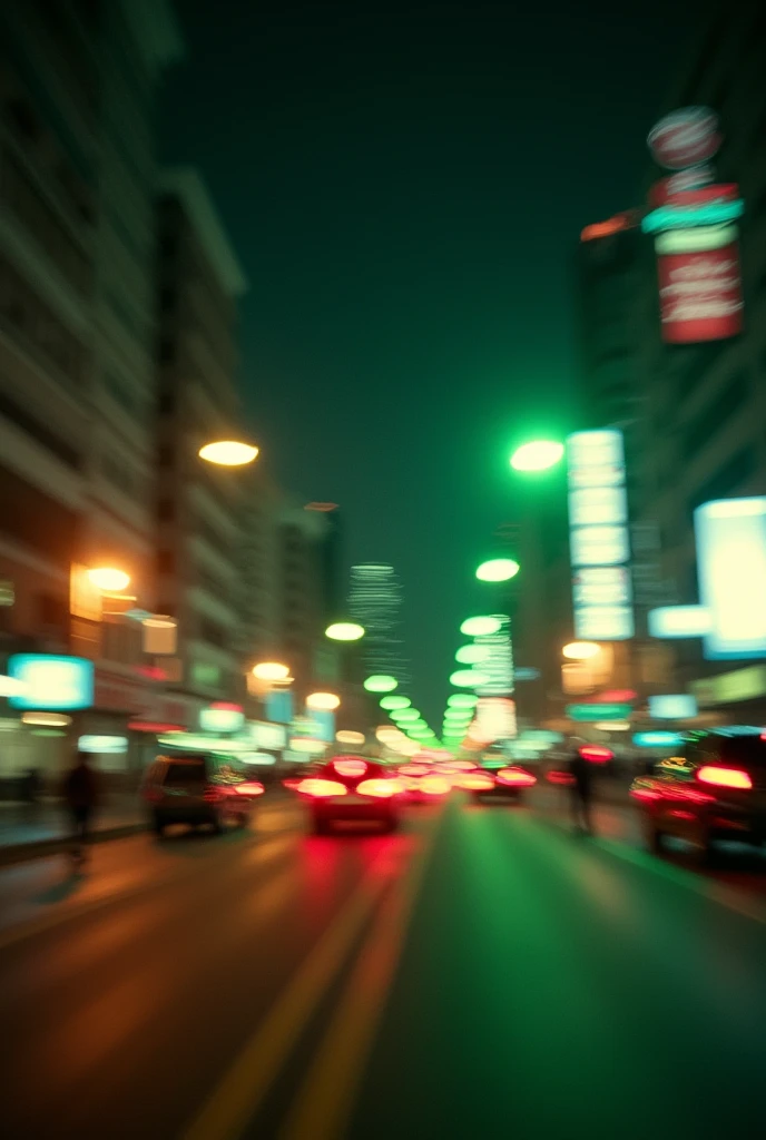 night city street, green , red lights, motion blur, shot on Fujifilm Provia film, analog photo, grainy