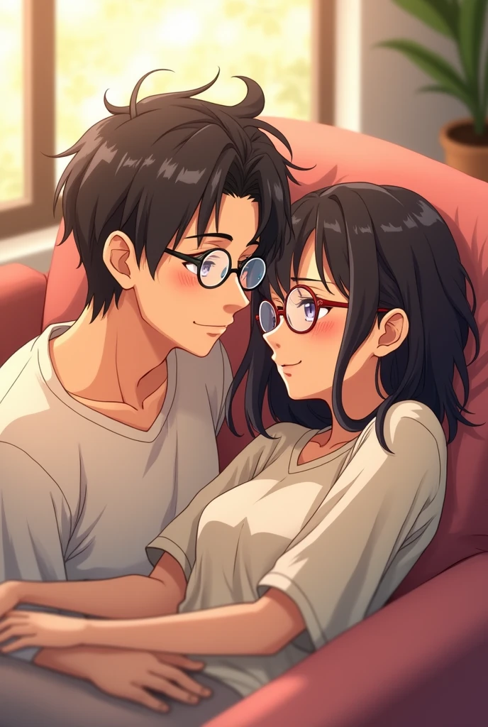 I want an anime couple with a man with very thick eyebrows wearing round glasses and a girl with bangs also wearing round glasses.both lying on the couch and happy