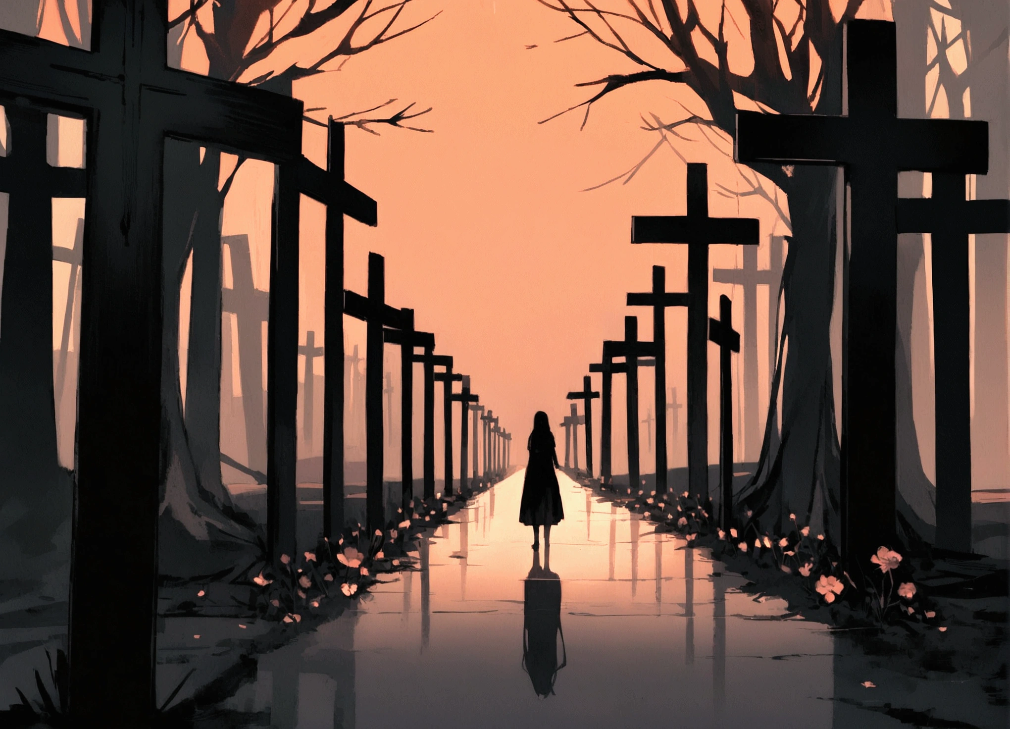 "Create an image of several funeral crosses by the side of a highway. The crosses are simple, weathered, and wooden, some adorned with wilted flowers and tattered ribbons. The scene is set during twilight, with a dim, orange-pink sky casting long shadows. The highway is flanked by tall, dark trees, adding to the somber and melancholic atmosphere. The overall mood should be one of quiet remembrance and sorrow, evoking a sense of loss and reflection."
