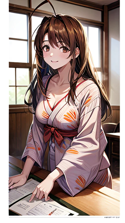 1girl, The viewer sits across the desk from the woman and gets her to teach him how to study.,  Hot spring inn room, futon, Naru Narusegawa, ahoge, Morning glory pattern yukata, Cleavage, Low table, note, Pen, smile, View your viewers,