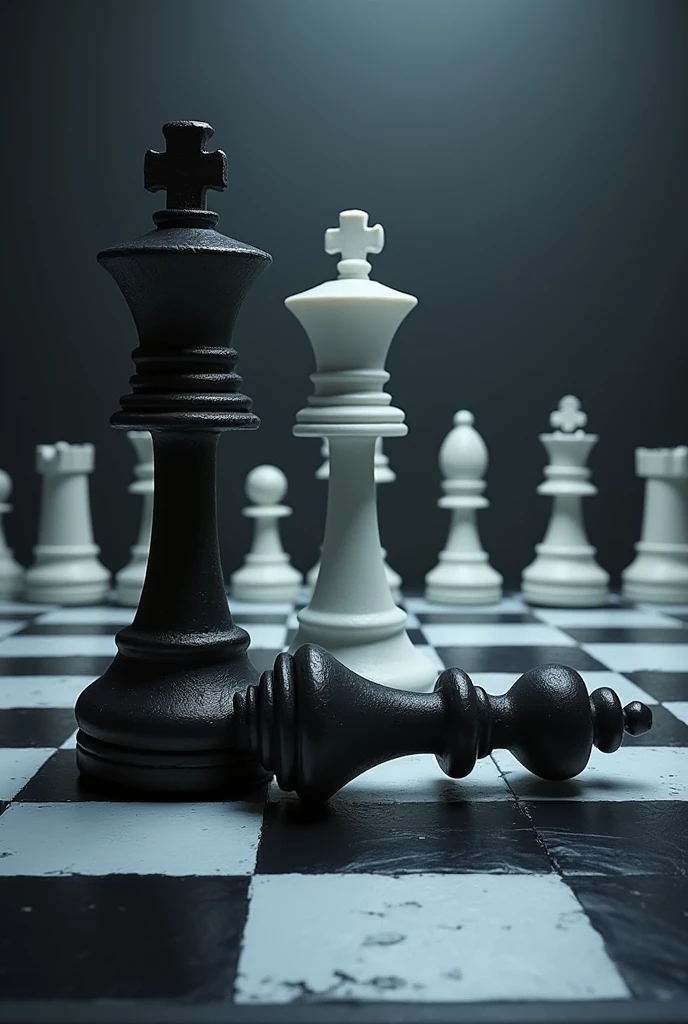 On a chess board, the black queen defeated by the white king and above says "love and chess"
