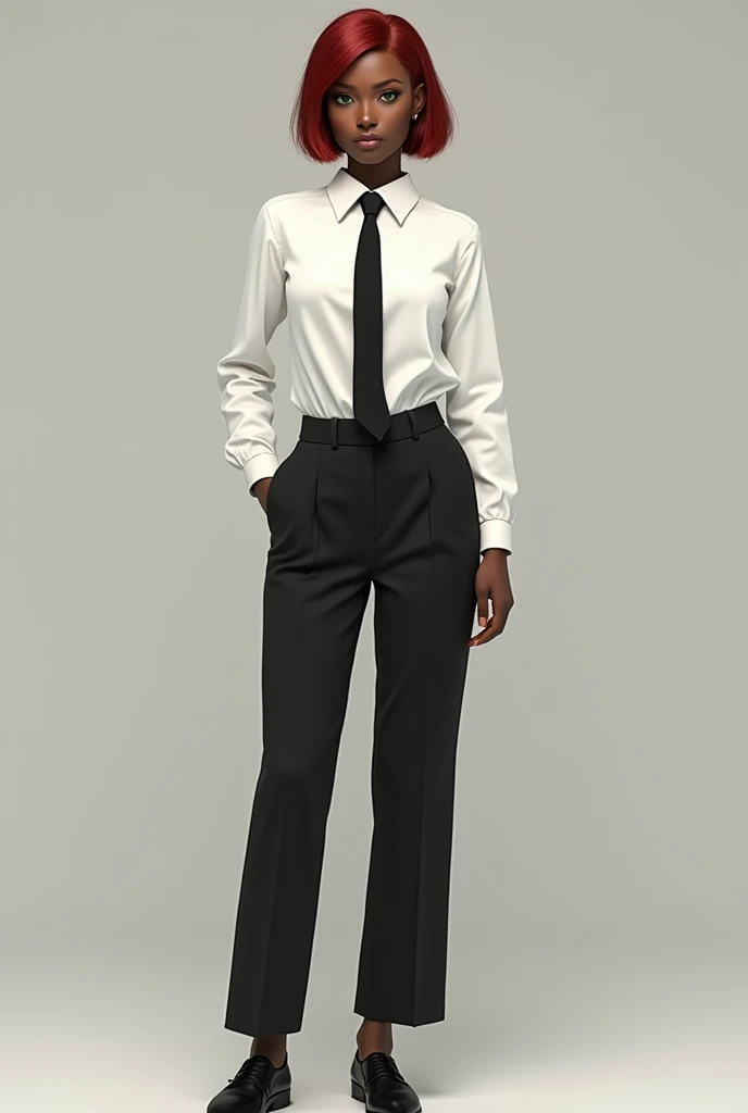 a black-skinned woman, short straight red hair reaching her jaw, she wears a white button-down blouse with long sleeves, black dress pants, black dress shoes, black tie. Her eyes are green and she has a serious expression