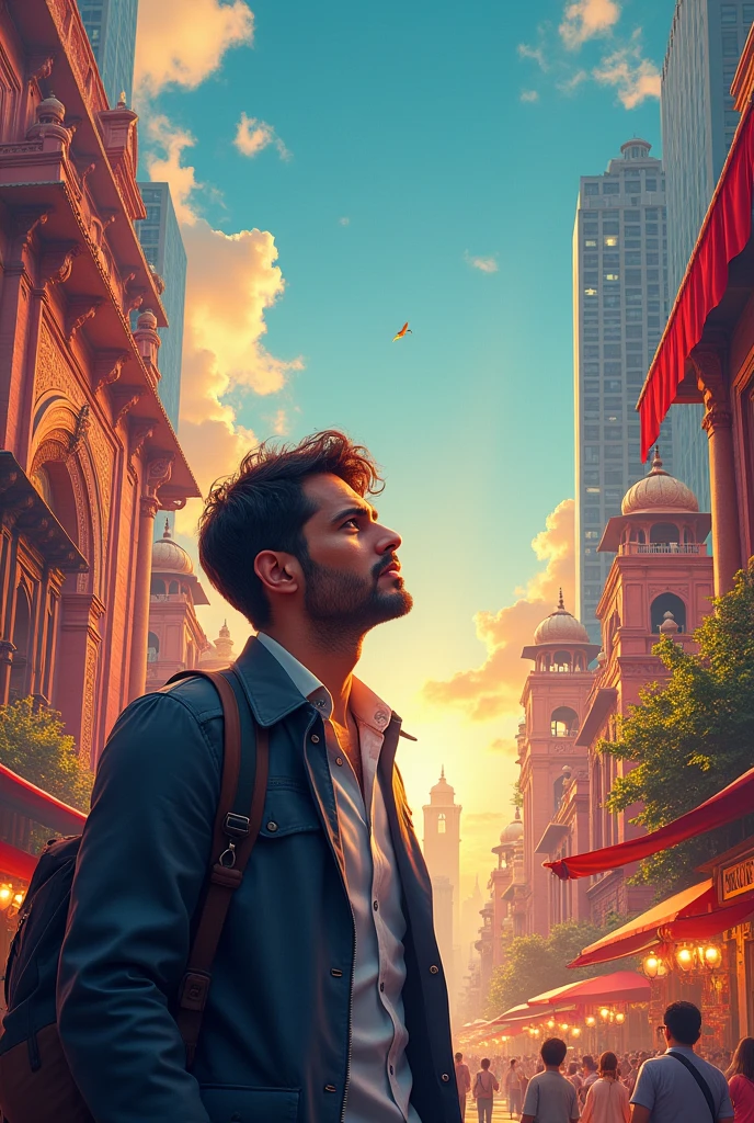 A city man thinking about traveling to famous tourist attractions in India tour and travel advertisement 