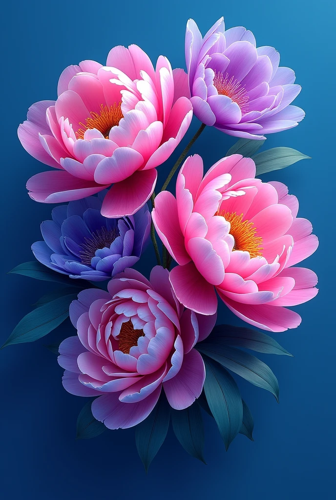 many peony flowers pink and violet, blue background, highly detailed, hyper-realistic, 3d, octane render, bright colors, digital painting, trend in artstation, sharp focus,